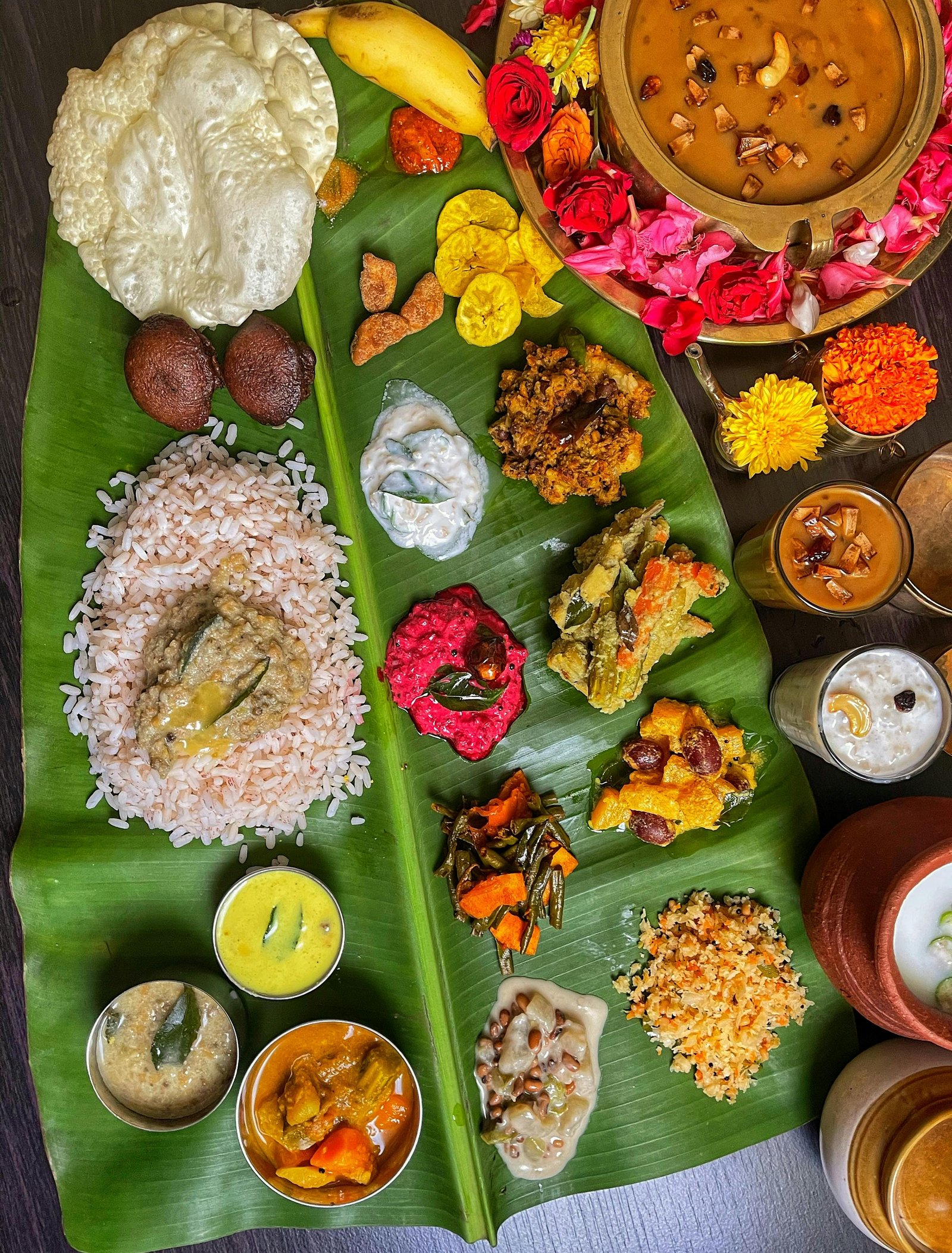 Authentic Kerala Sadya meal on banana leaf